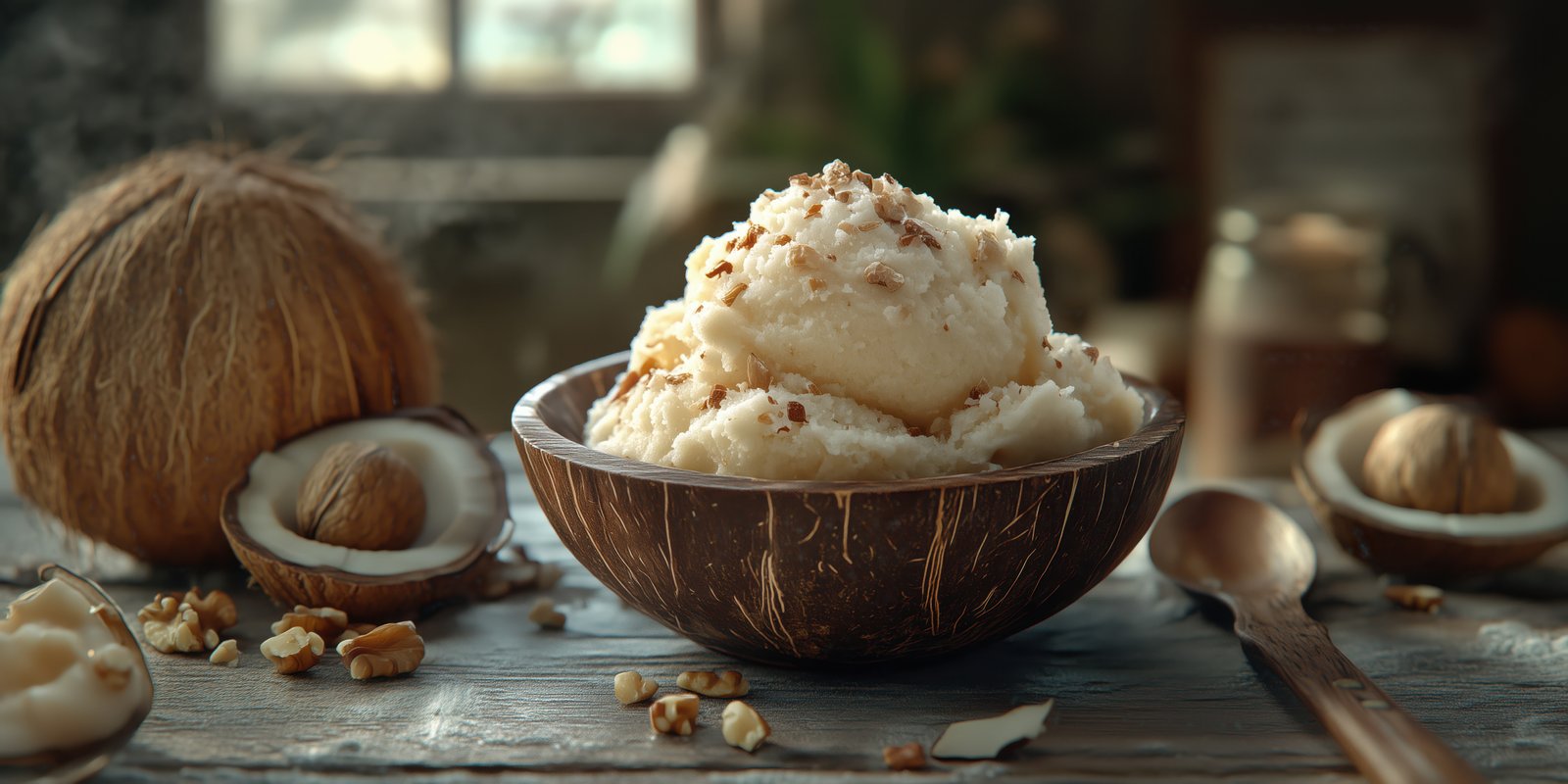 Delicious coconut ice cream served in a rustic bowl with toppings at a cozy indoor setting
